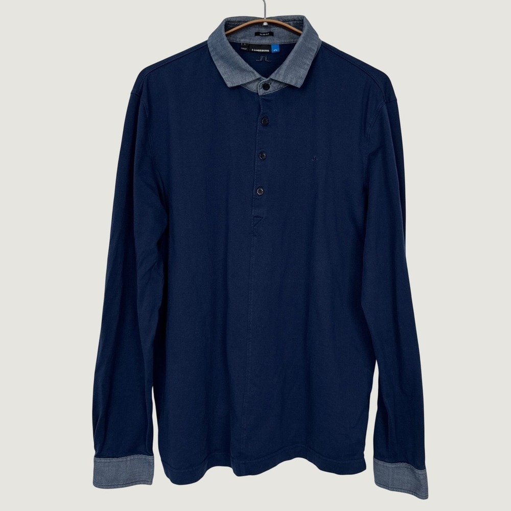 J.Lindeberg Cristopher Slim Lux Jersey Navy Blue Long Sleeve Polo Shirt Large